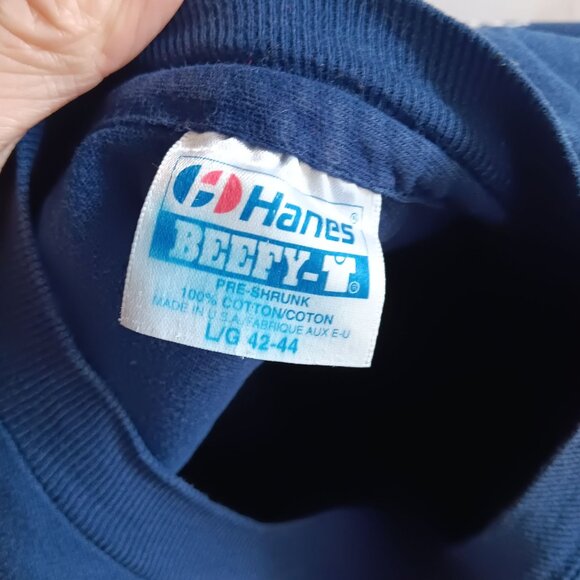 Men's Large Vtg T-Shirt Single Stitch Whistling Pines Inc. Pocket Hanes Beefy-T - Picture 7 of 8